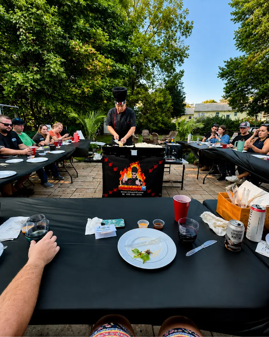 Private hibachi chef cooking for guests at a backyard hibachi at home experience in Cherry Hill, NJ