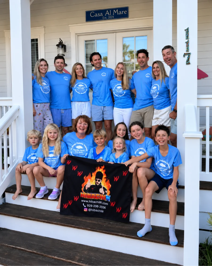 Guests enjoying hibachi at home on a coastal patio in Eastern Shore