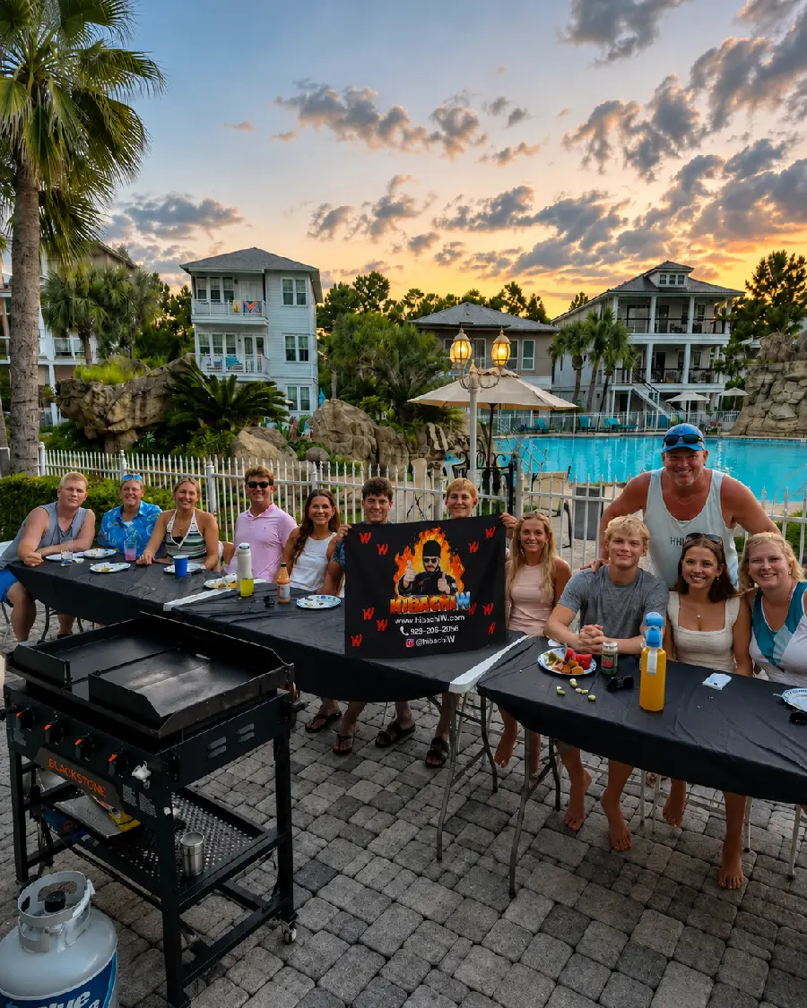 Family enjoying hibachi at home at a coastal vacation home in Eastern Shore