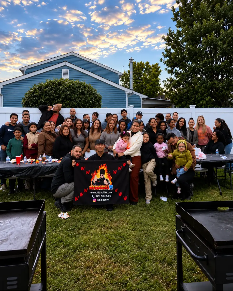 Large group of guests gathering after a backyard hibachi at home experience in Washington DC