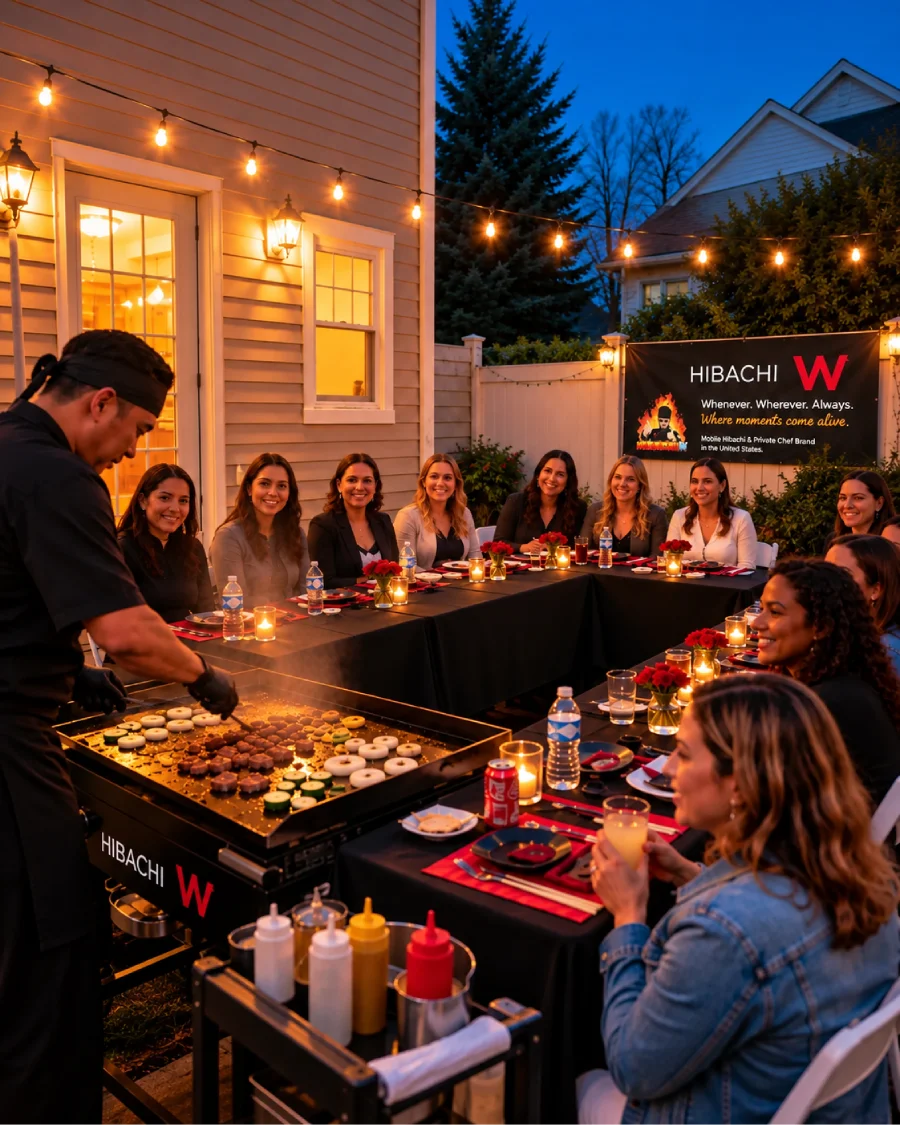 Private hibachi chef cooking for guests during an evening backyard dinner in Washington DC