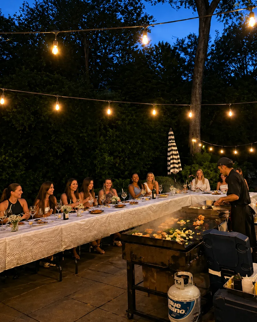 Private hibachi chef cooking for guests in a backyard in Edison, NJ