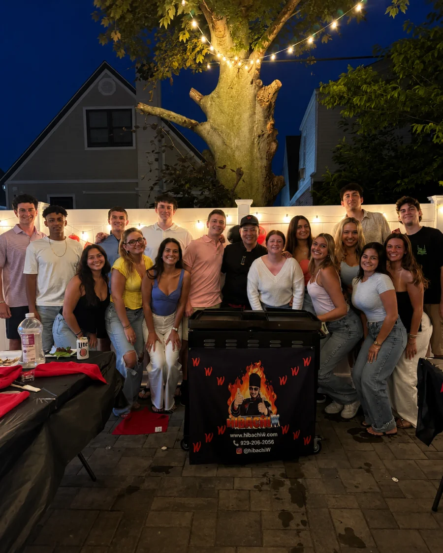 Private hibachi chef with guests at a backyard gathering in Edison, NJ