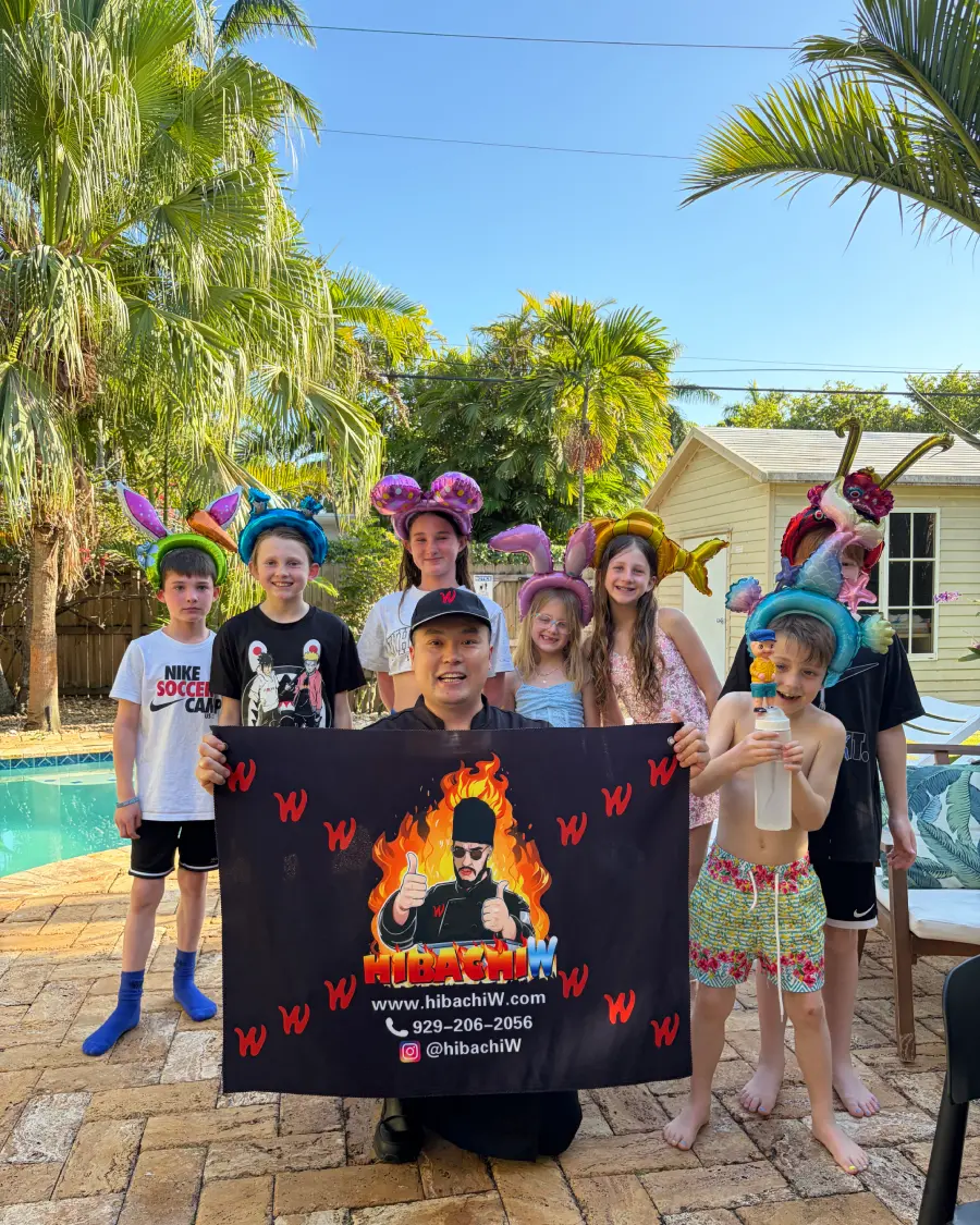 Private hibachi chef with guests by the pool across Florida