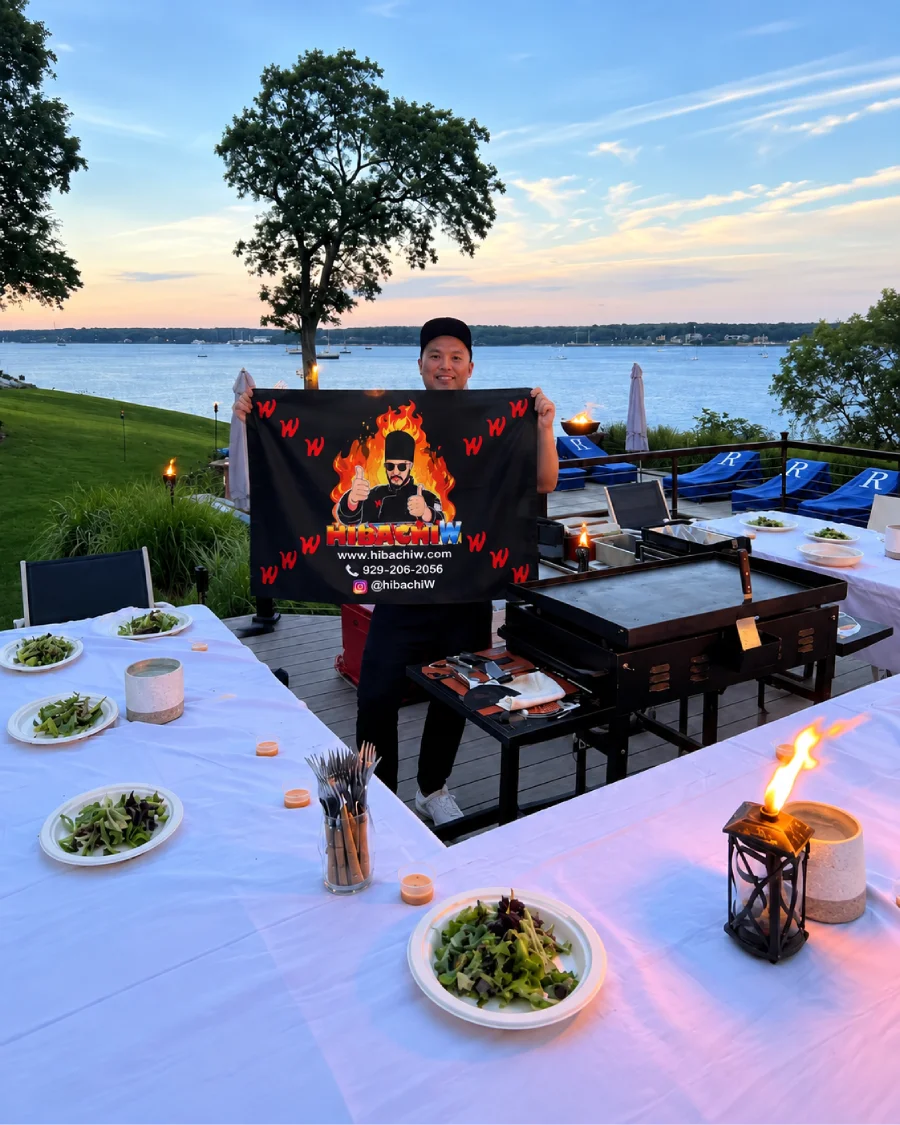 Private hibachi chef at a lakefront outdoor dining setup across Finger Lakes