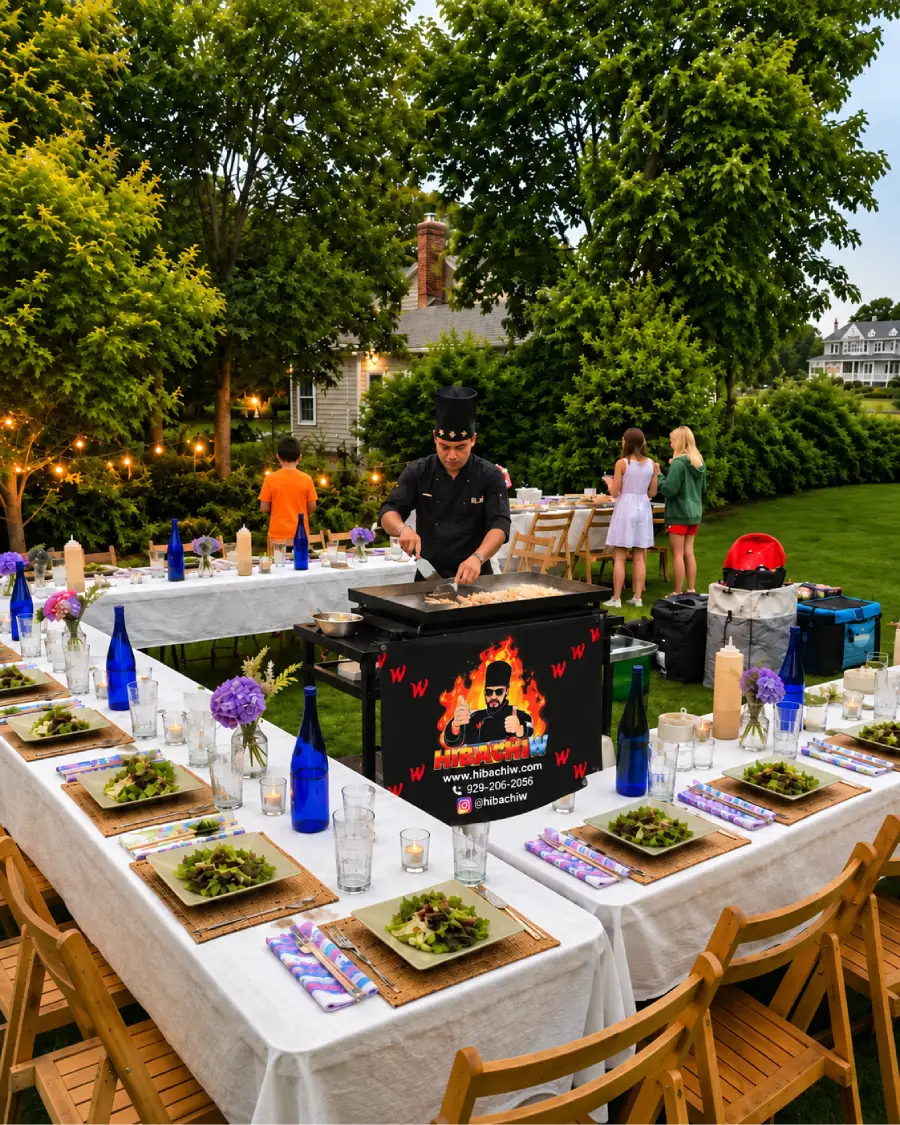 Private hibachi chef cooking outdoors for guests across Finger Lakes