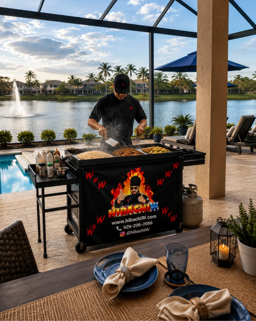 Private hibachi chef cooking outdoors at a lakeview property across Finger Lakes
