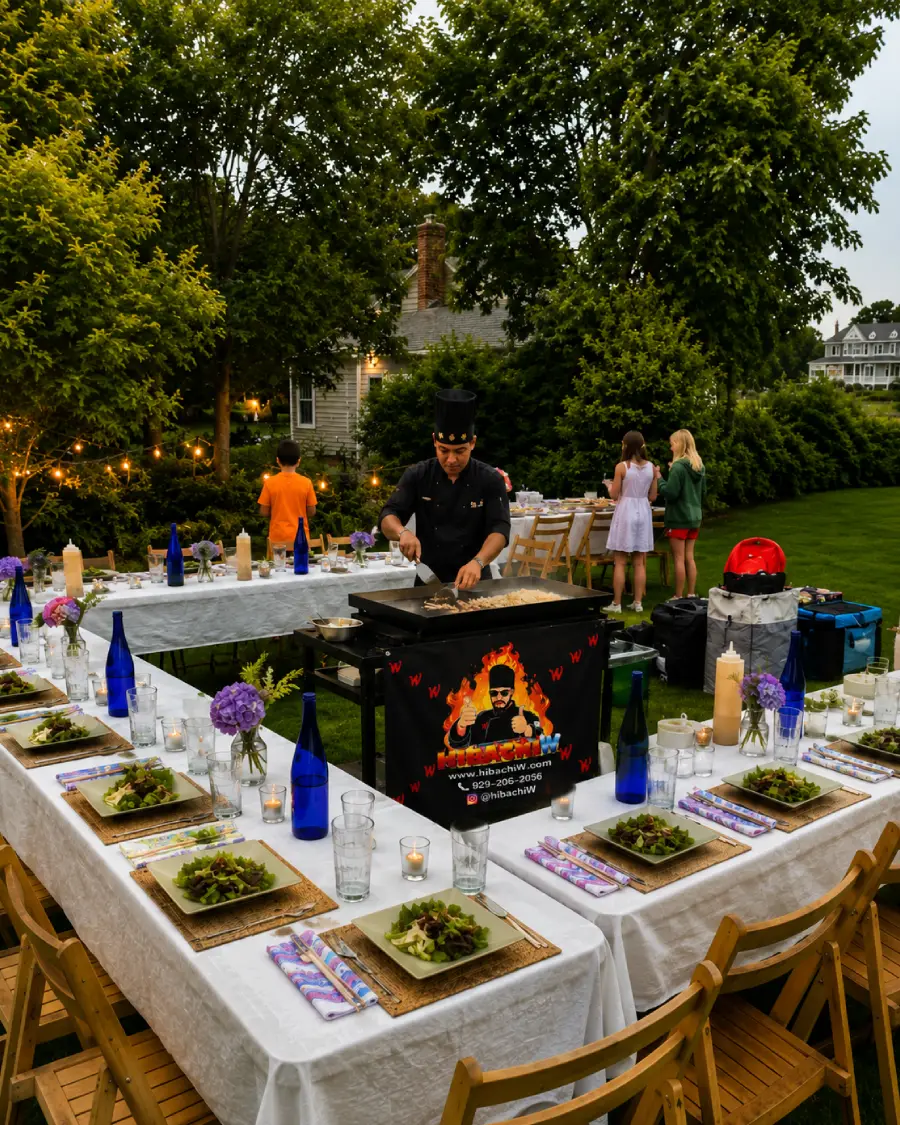 Private hibachi chef cooking in a backyard across Delaware