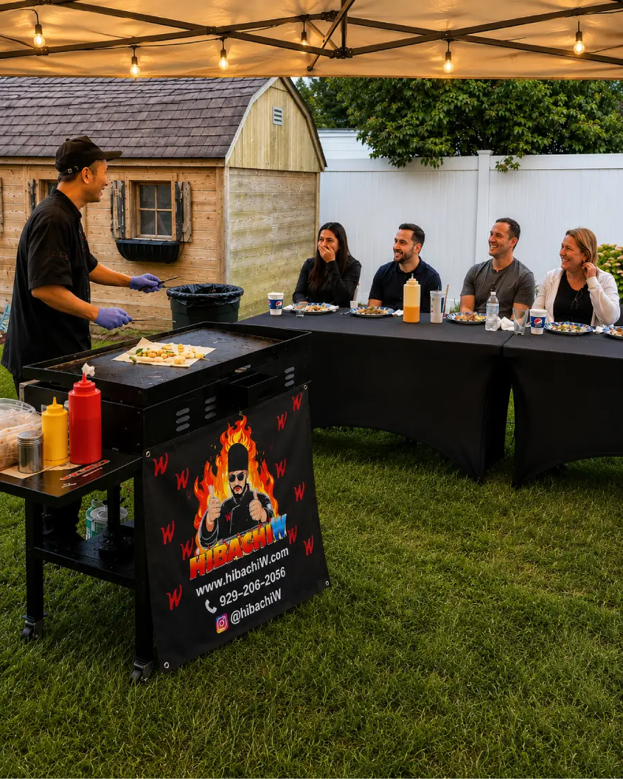 Private hibachi chef interacting with guests in a backyard across Delaware