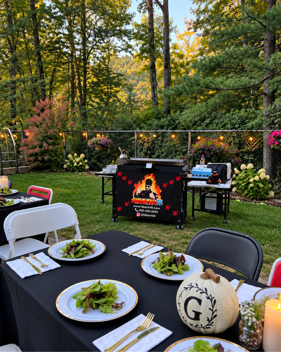 Hibachi at home dining setup surrounded by a wooded landscape across Poconos