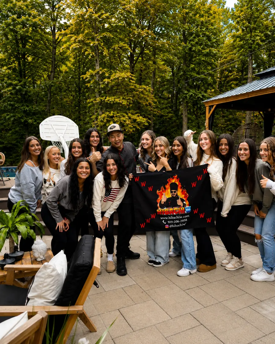 Private hibachi chef with guests at a wooded property across Poconos