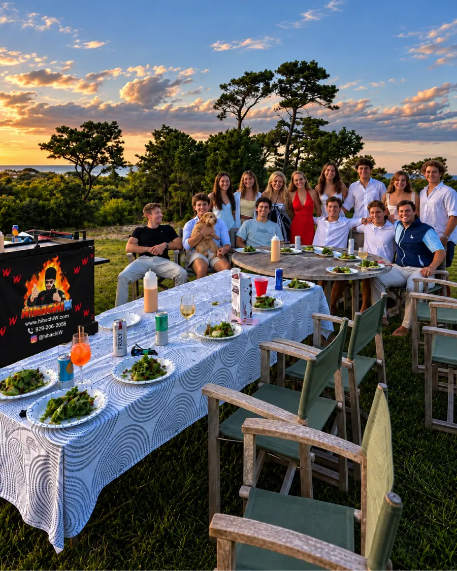 Guests enjoying hibachi at home dining with a scenic outdoor view across Poconos