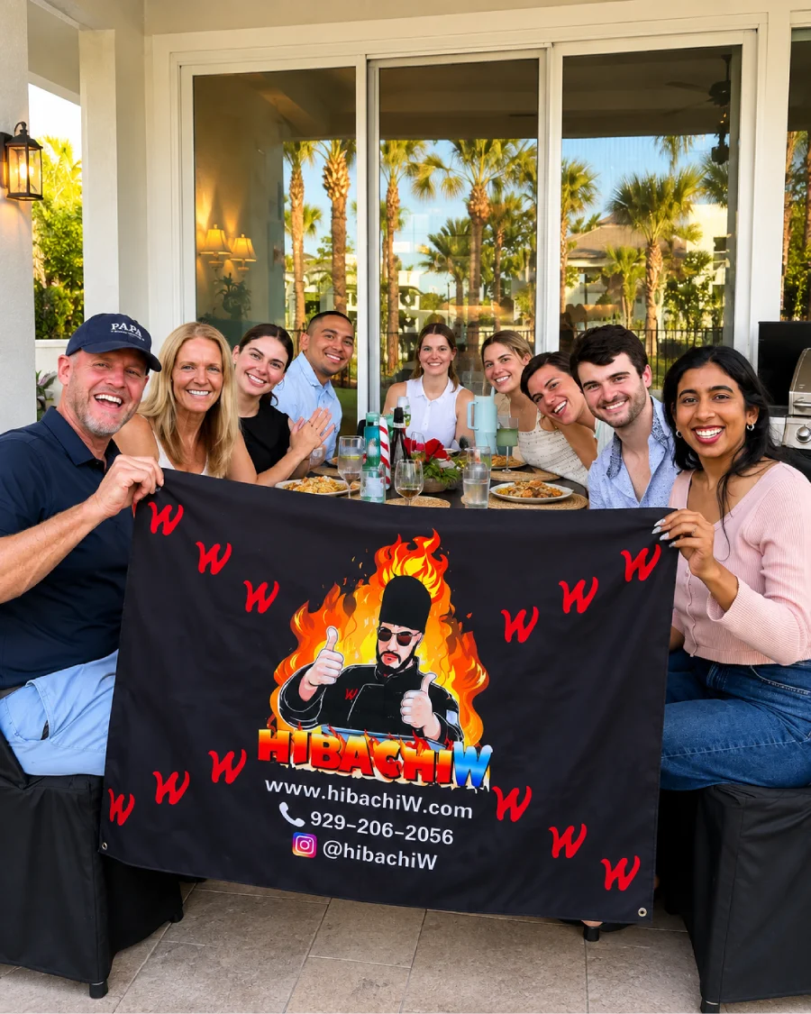 Guests gathering on a palm-lined patio after a hibachi at home experience in Scottsdale, AZ