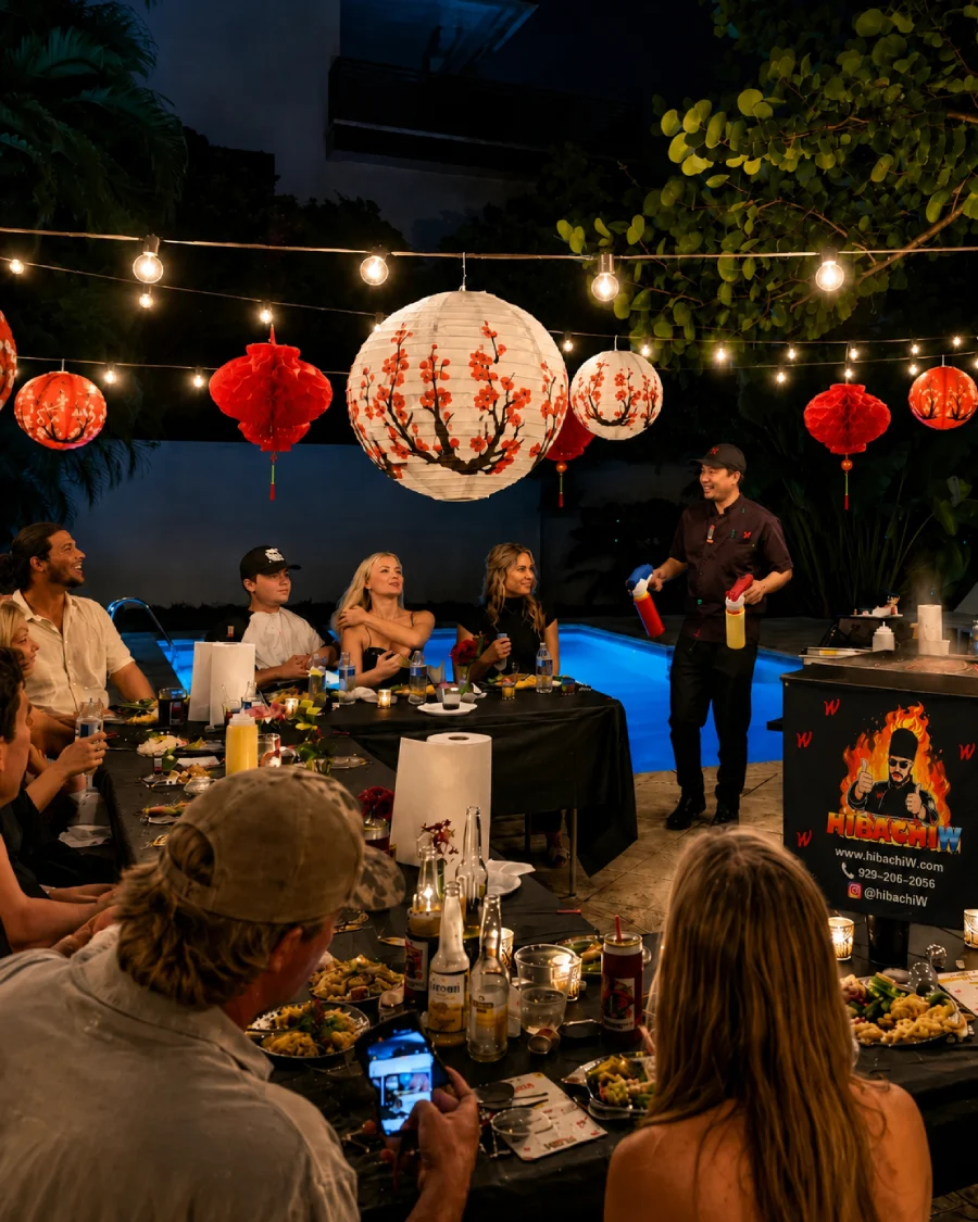 Private hibachi chef entertaining guests during an outdoor dinner across South Florida