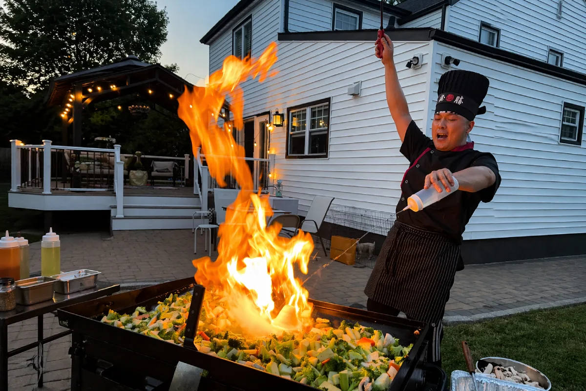 Private hibachi chef performing a live fire show while cooking fresh food on an outdoor grill