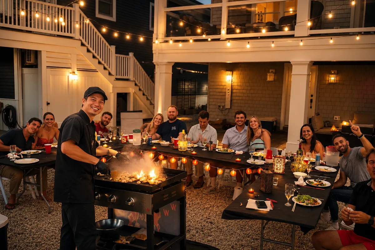 Guests seated around a prepared backyard hibachi at home dining area