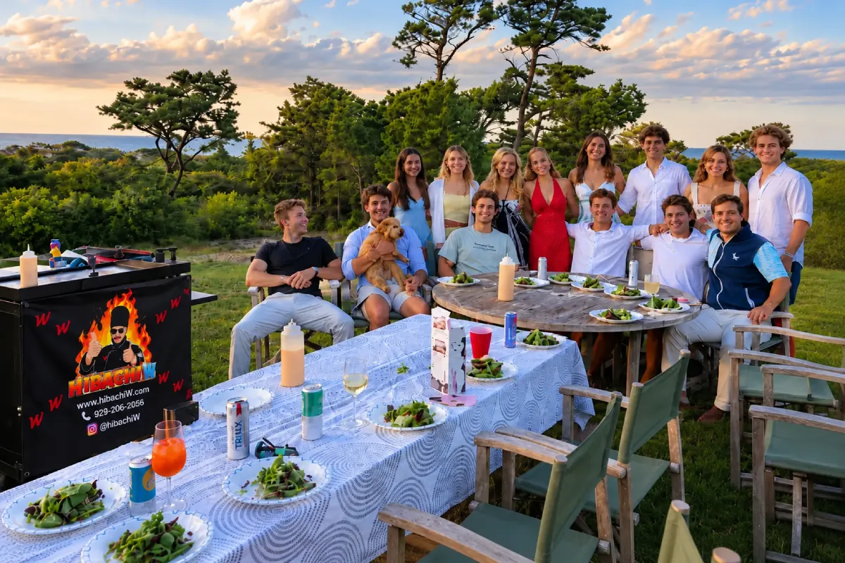 Guests enjoying an outdoor hibachi at home dinner with a private hibachi cooking setup