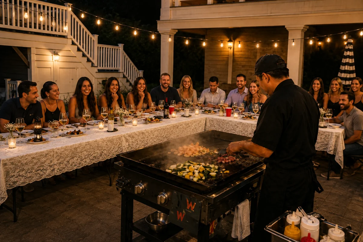 Guests enjoying a hibachi party at home with a private chef cooking live