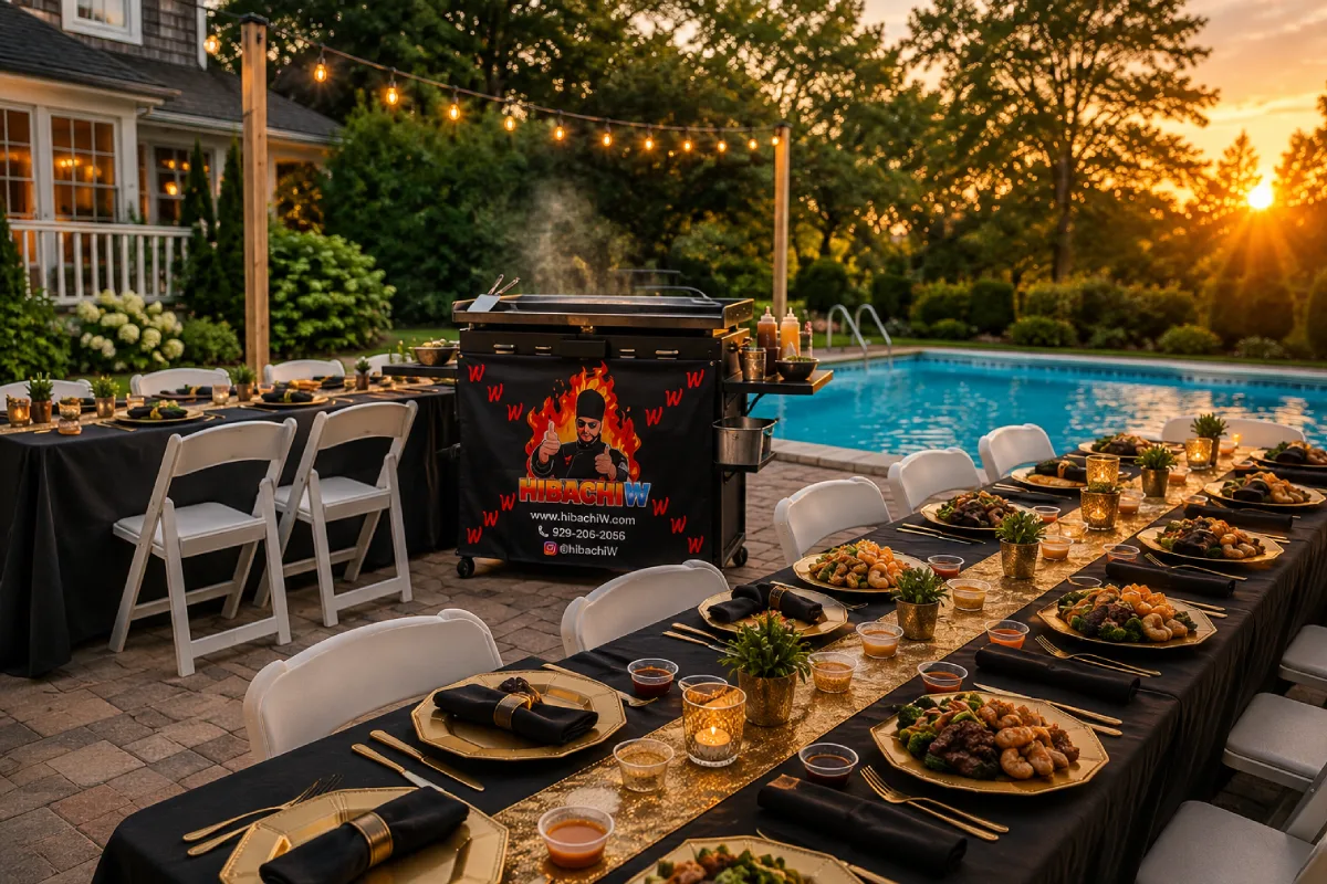 Outdoor hibachi at home setup with dining tables and space prepared for a mobile hibachi grill