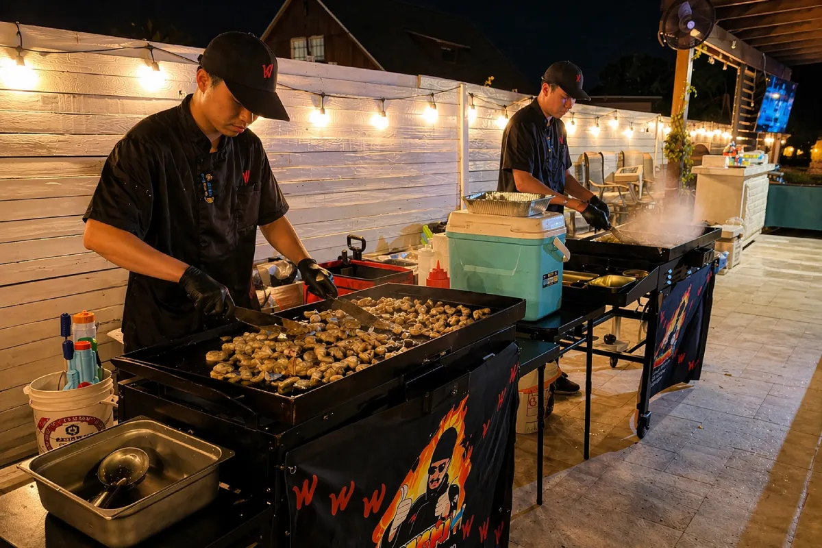 Two private hibachi chefs cooking fresh food on mobile grills during a hibachi at home experience