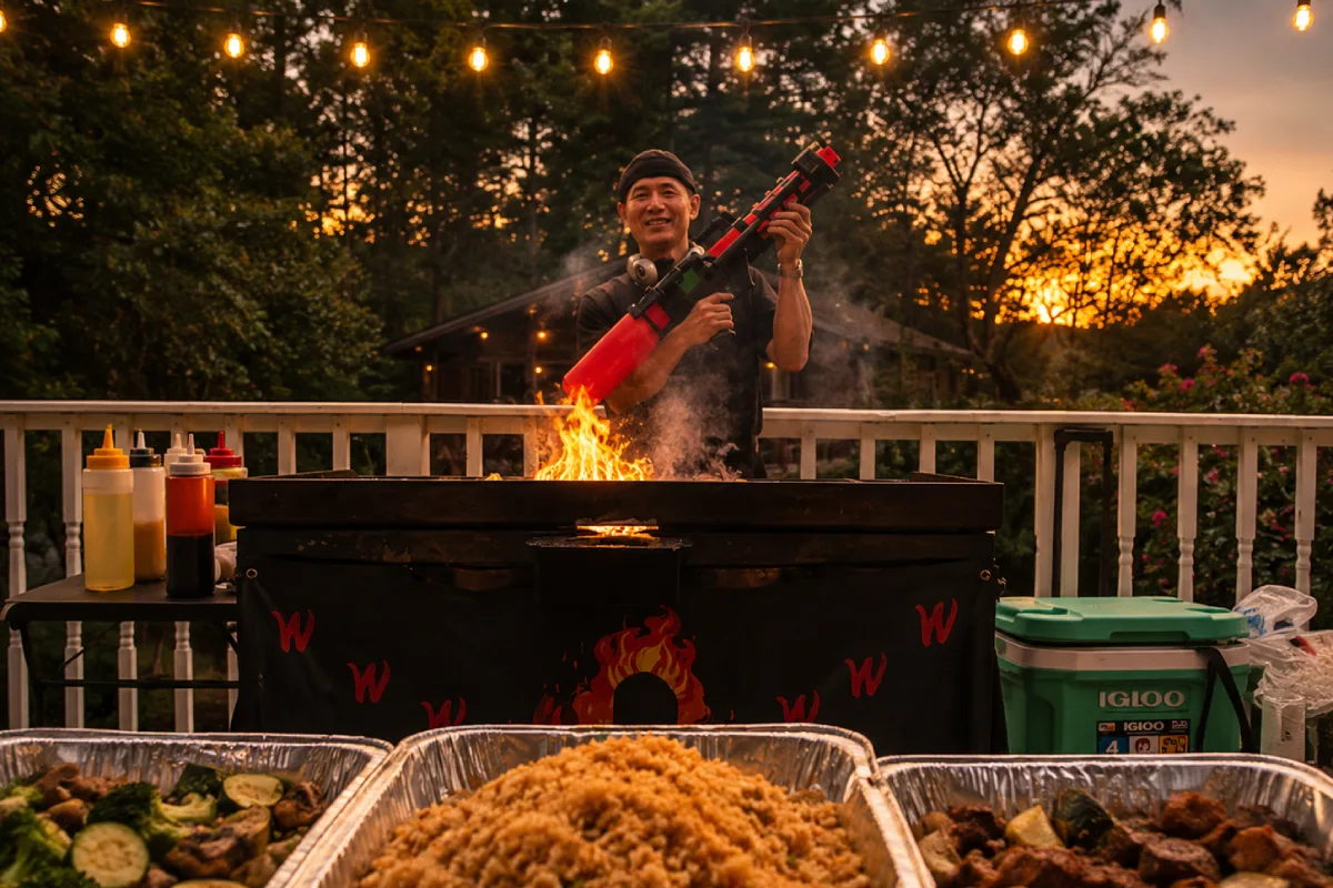 Private hibachi chef cooking live during a backyard hibachi at home dinner in Florida