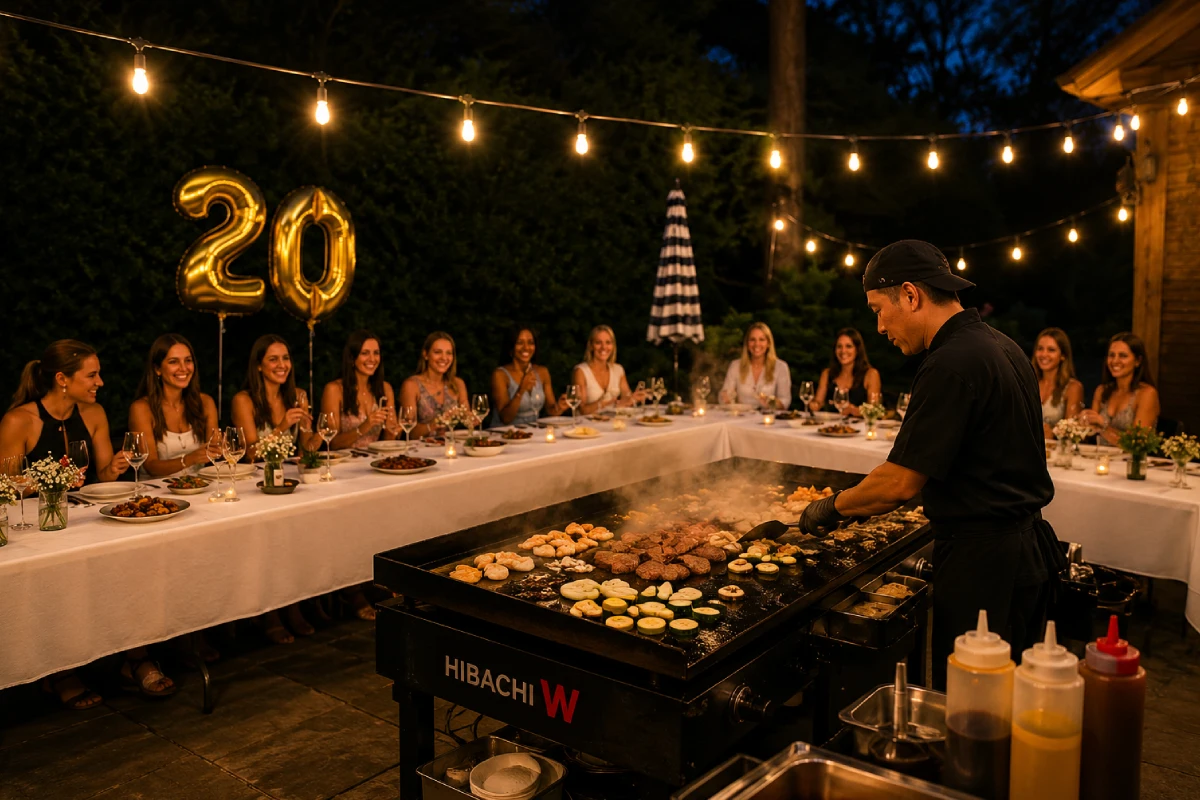 Private hibachi chef cooking live for guests at a backyard dinner in Connecticut