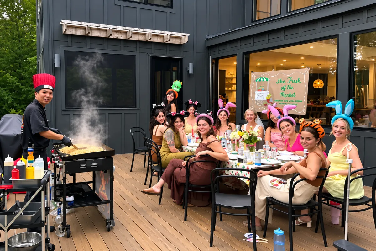 Private hibachi chef cooking for guests at an outdoor bachelorette hibachi party