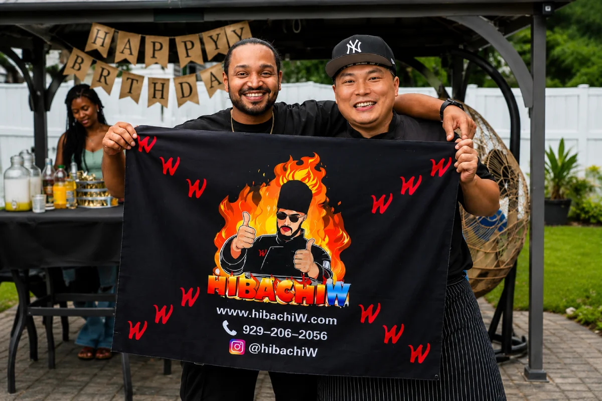 Birthday guest posing with a private hibachi chef at a backyard hibachi party