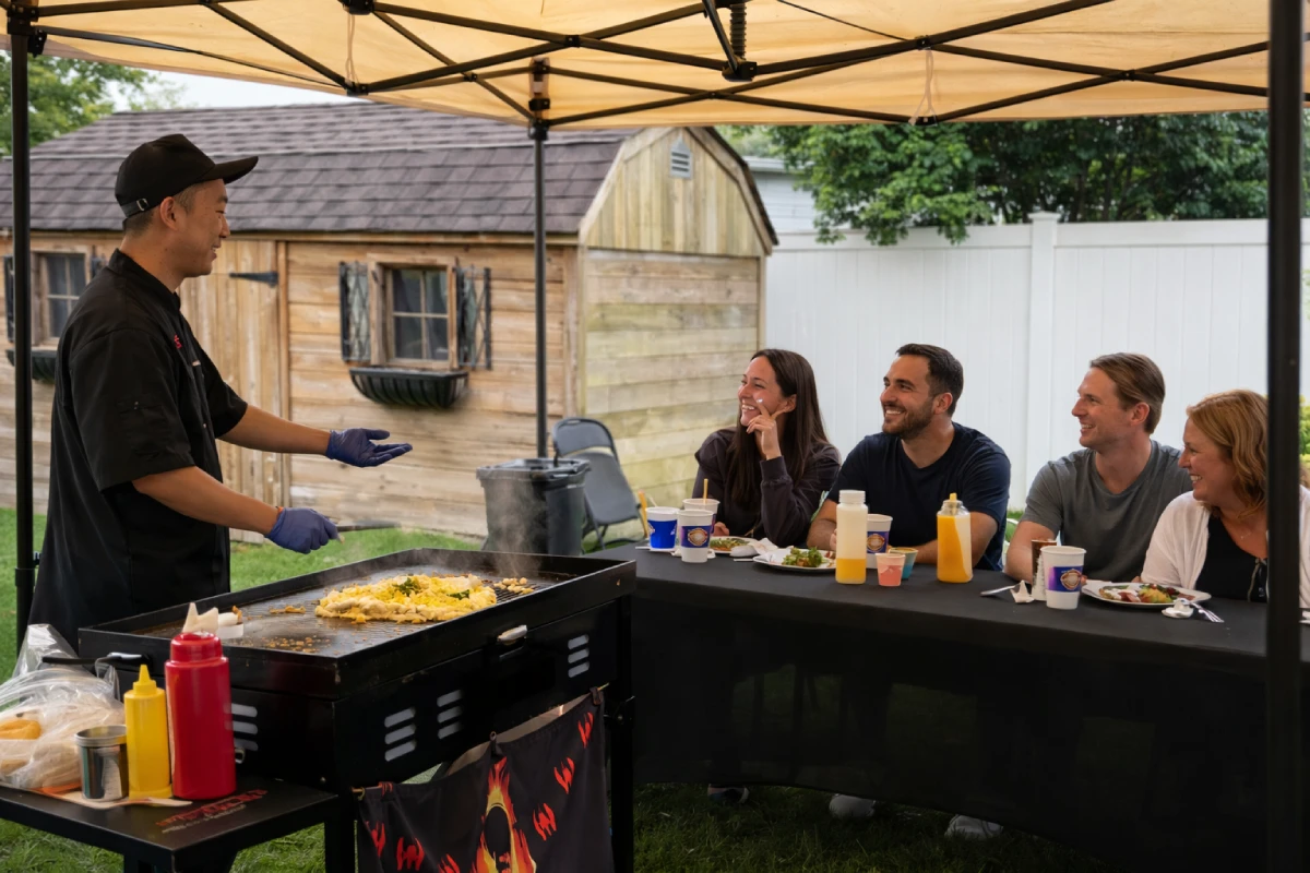 Private hibachi chef interacting with guests during a backyard hibachi party at home
