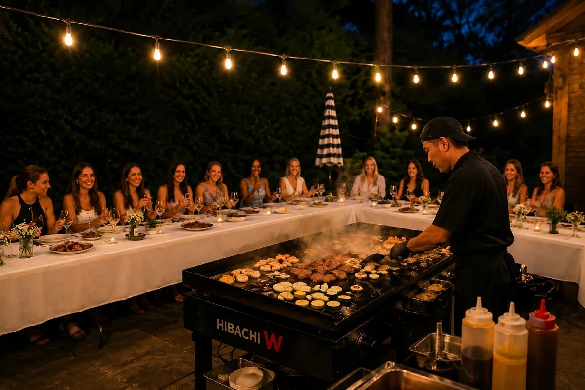 Guests enjoying an evening backyard hibachi party with a private chef cooking live