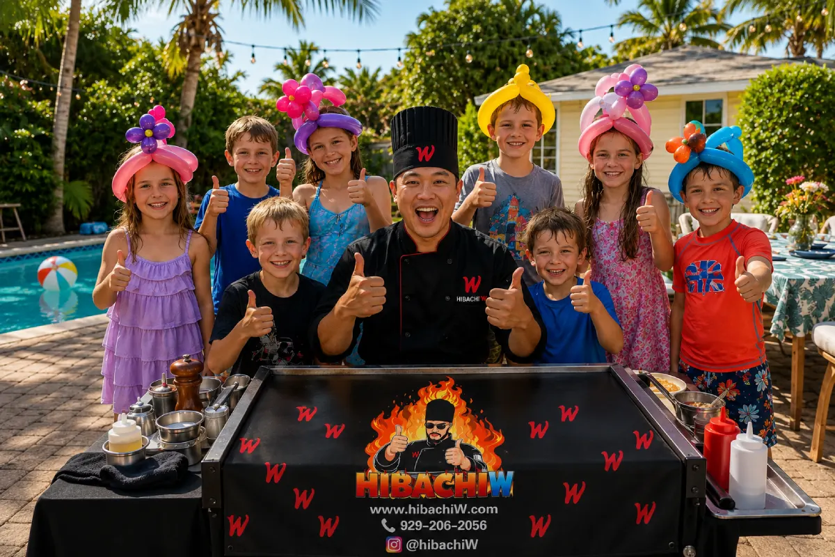 Children celebrating a backyard hibachi birthday party with a private chef