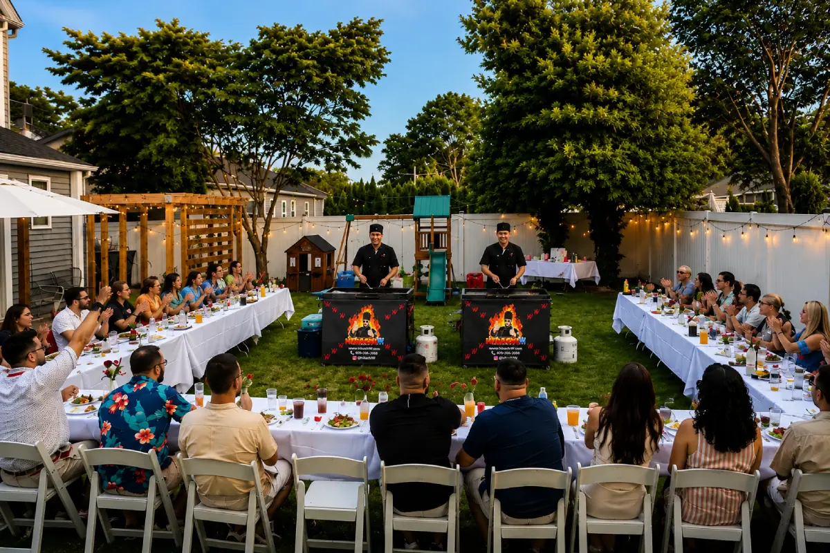 Large backyard hibachi party in Georgia with private chefs cooking live for guests