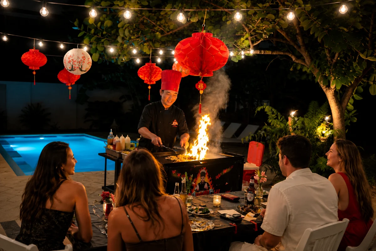 Private hibachi chef cooking poolside for a group dinner at night
