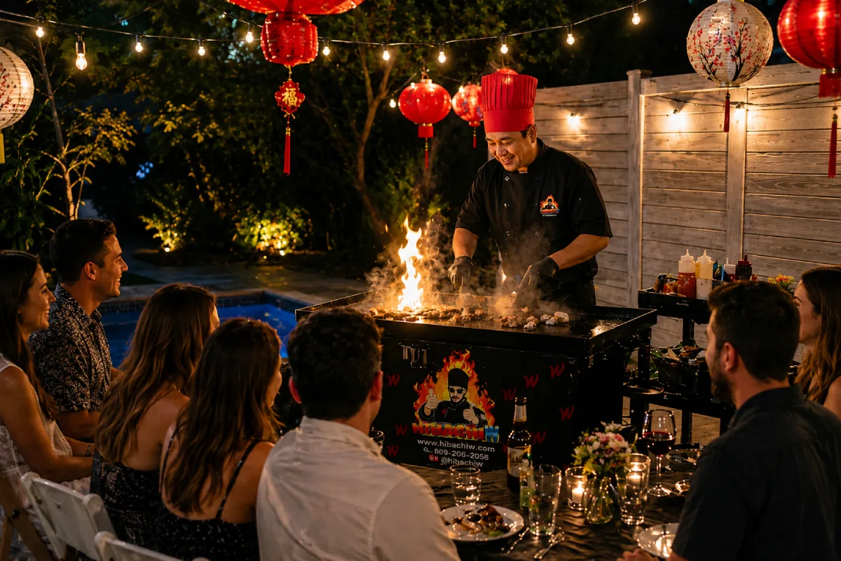 Private hibachi fire show during a backyard group dinner