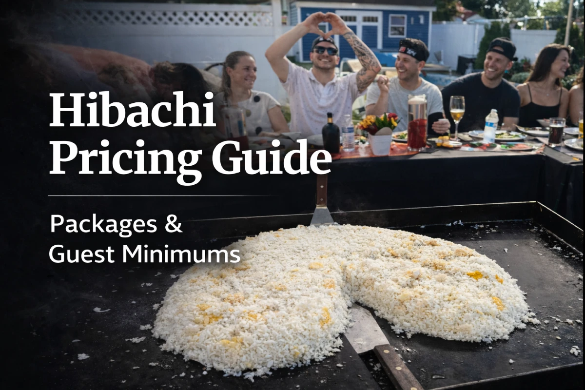 Private hibachi chef cooking steak on grill showing hibachi prices per person guide