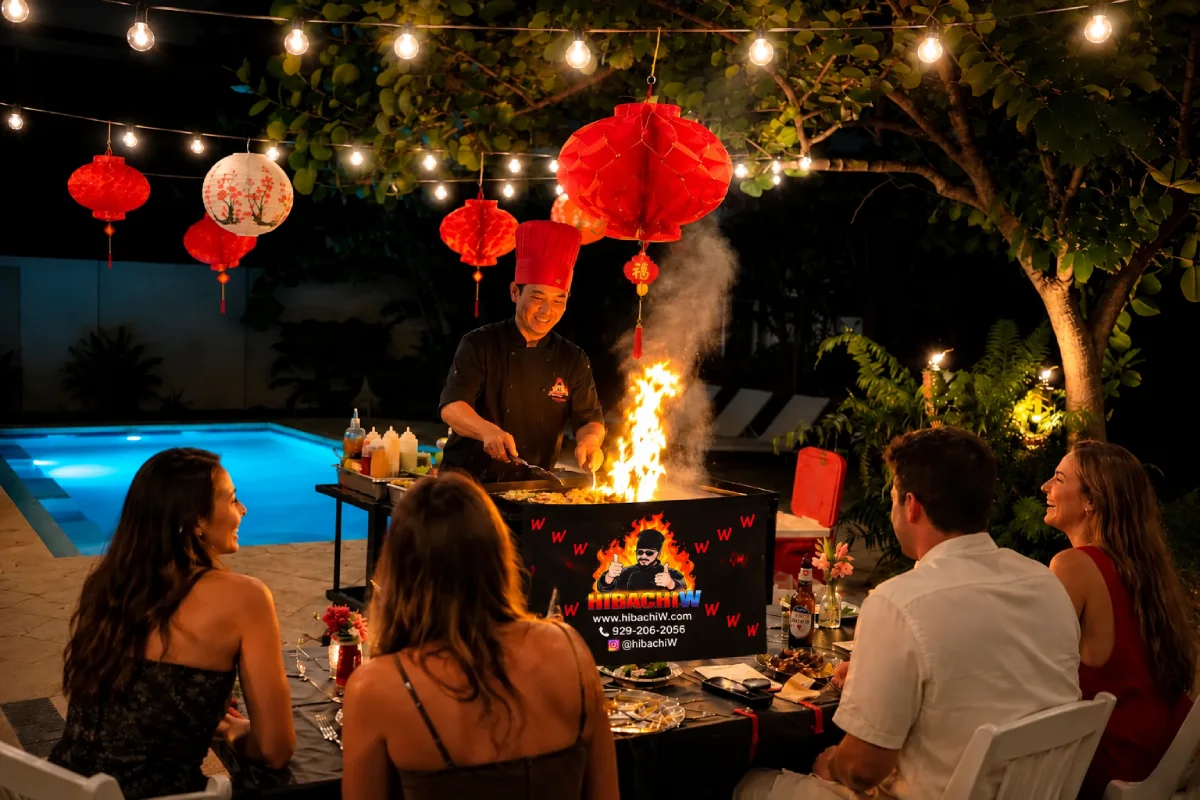 Private hibachi chef performing live fire cooking for guests during a poolside dinner