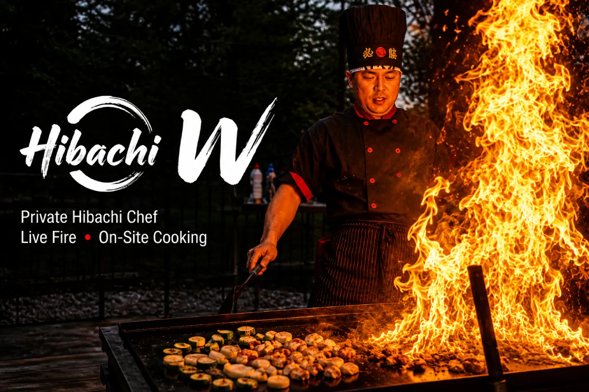 Private hibachi chef performing a fire show at a backyard dinner in Pennsylvania
