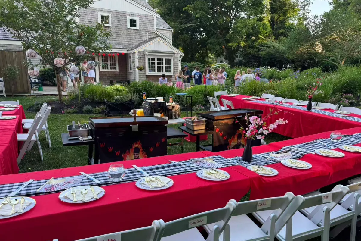 Mother’s Day hibachi at home backyard setup with private chef cooking station and outdoor dining tables
