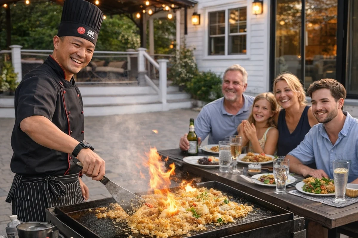 Private hibachi chef cooking on a mobile hibachi grill for a backyard hibachi at home dinner