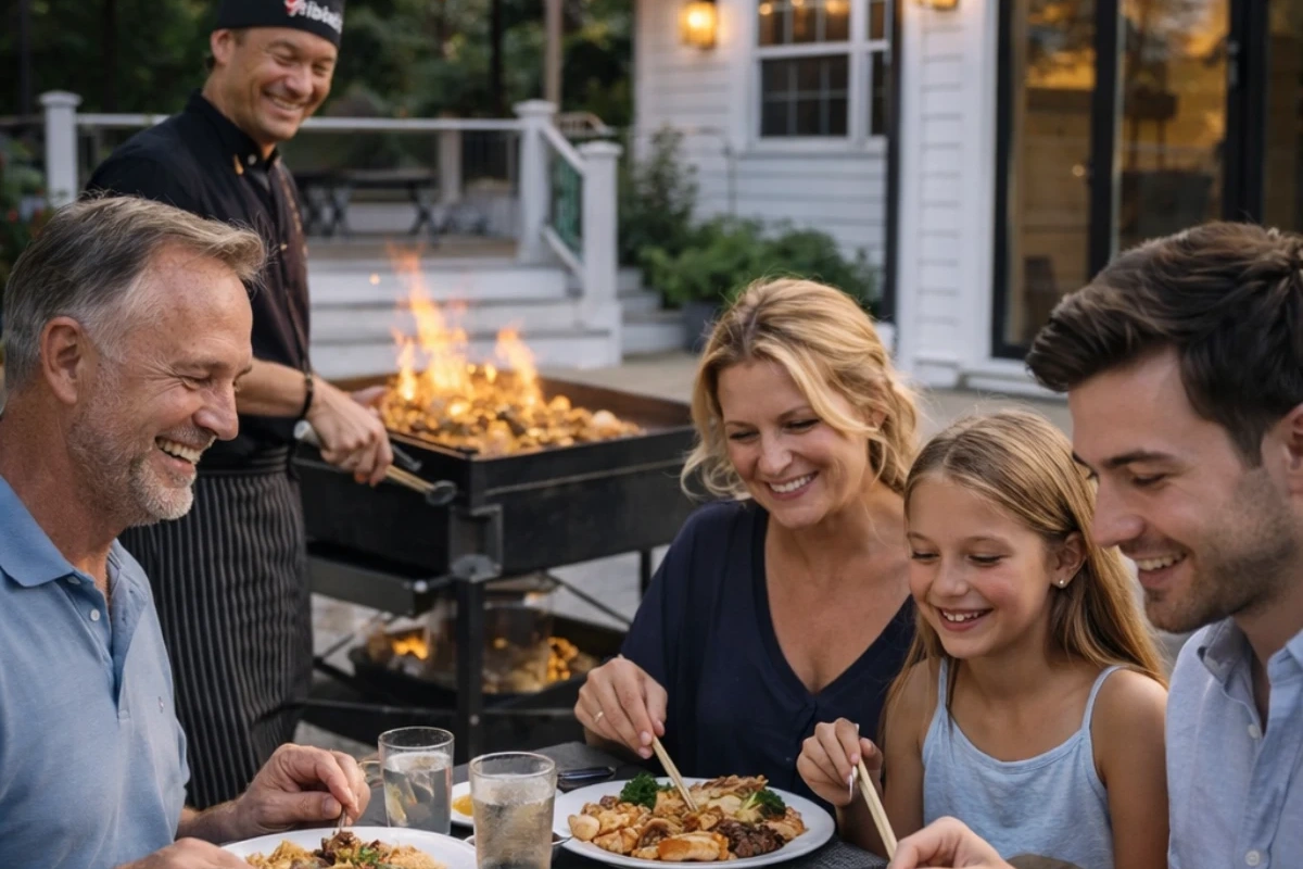 Live teppanyaki cooking during a hibachi at home dinner experience