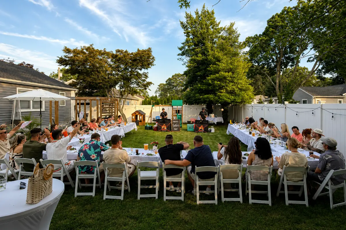 Large Father's Day hibachi at home backyard dinner with guests and private chefs cooking live
