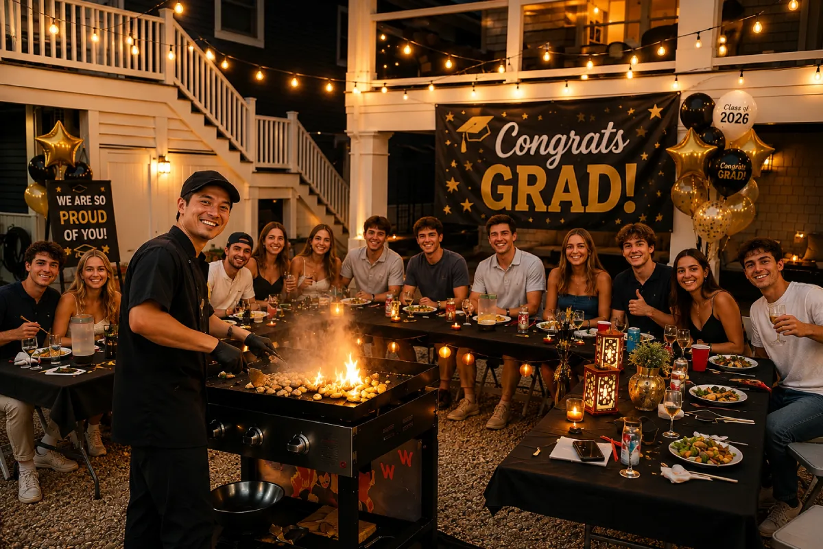 Friends enjoying a backyard hibachi graduation party with a private chef cooking live