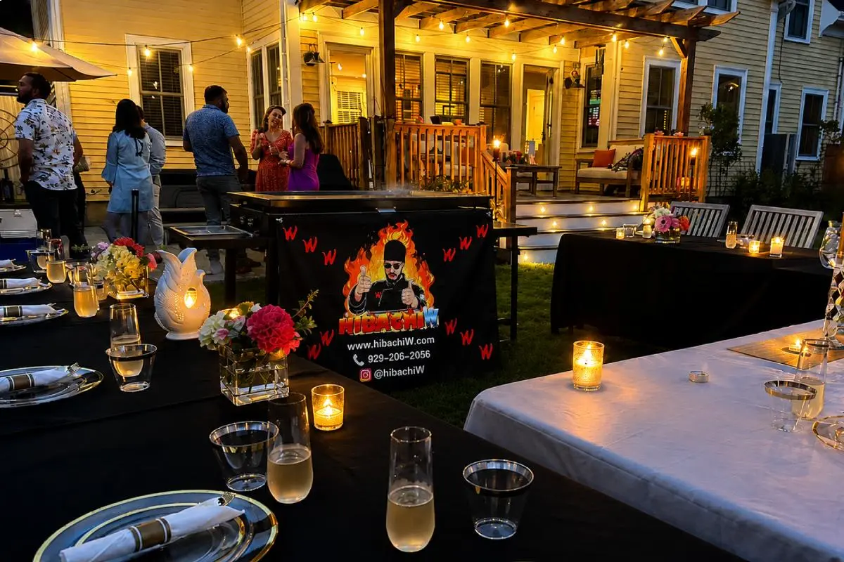 Mother’s Day hibachi backyard setup with outdoor dining tables and a private chef cooking station
