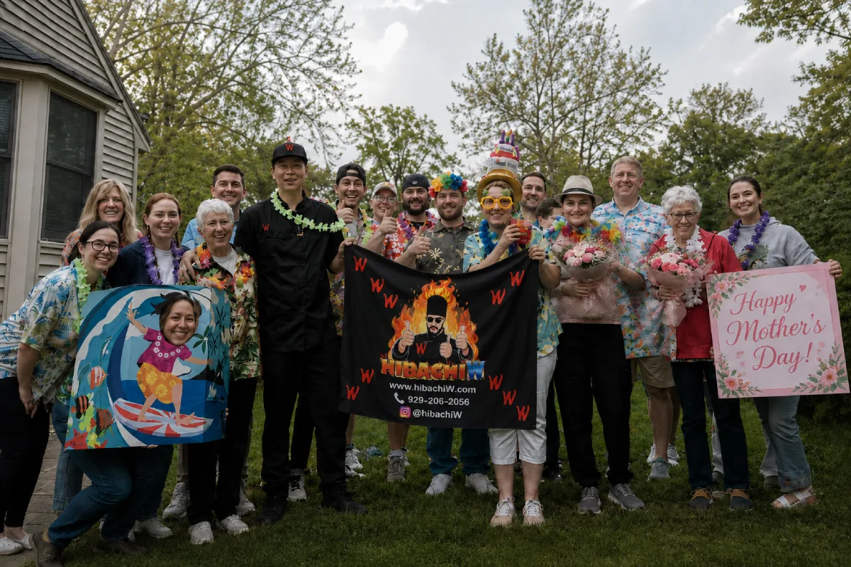 Family celebrating Mother’s Day at home with a private hibachi chef