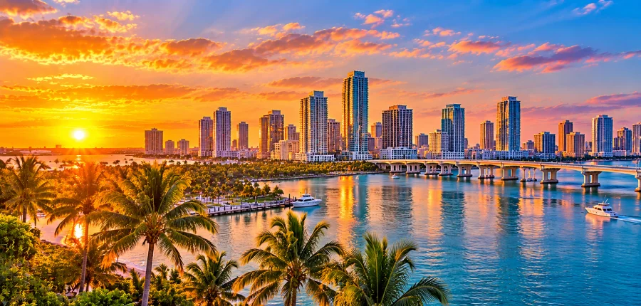 Florida waterfront skyline with palm trees at sunset representing Hibachi W Florida service areas