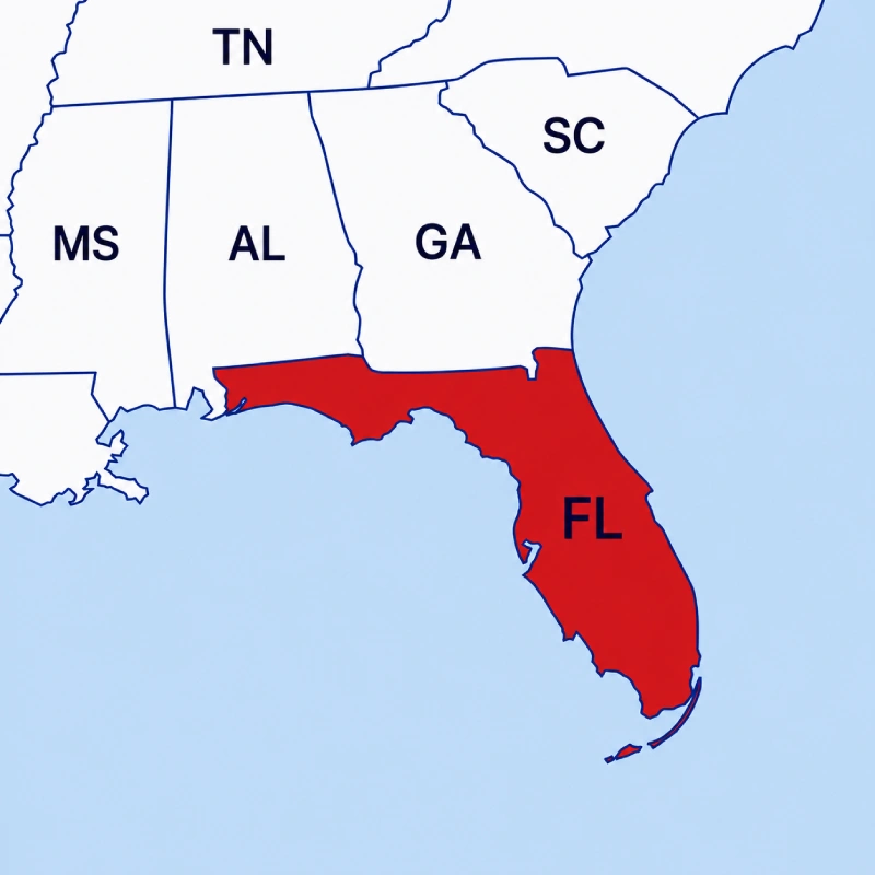 Florida region service map highlighting Florida in red with surrounding southeastern states
