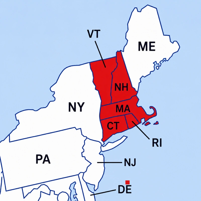 New England region service map highlighting Massachusetts, Connecticut, Rhode Island, New Hampshire, and Vermont