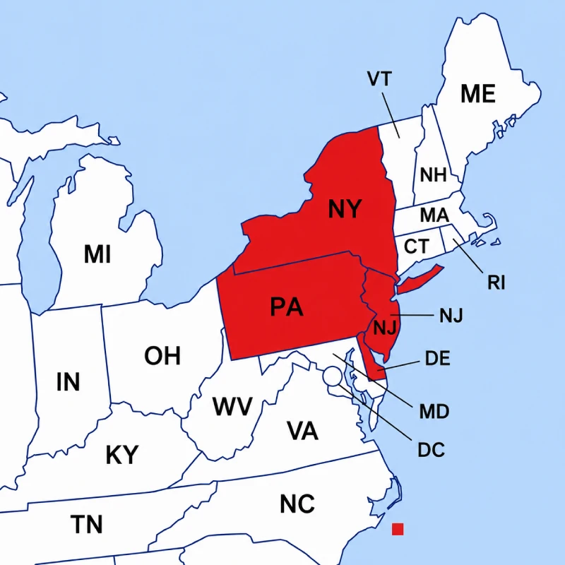 Northeast region service map highlighting New York, Pennsylvania, New Jersey, and nearby northeastern states